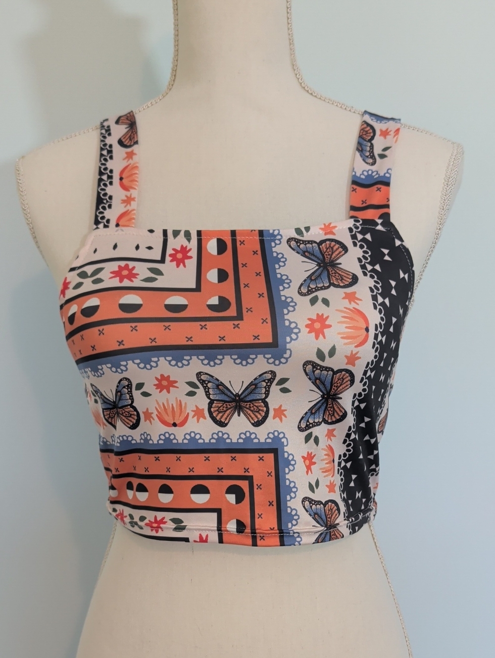 Butterfly Print Crop Top in Peach and Navy Square Neck geometric pattern boho